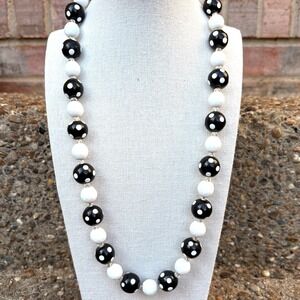 Vintage Joan Rivers Black & White Polka Dot Beaded Strand Necklace Gold Tone 24"